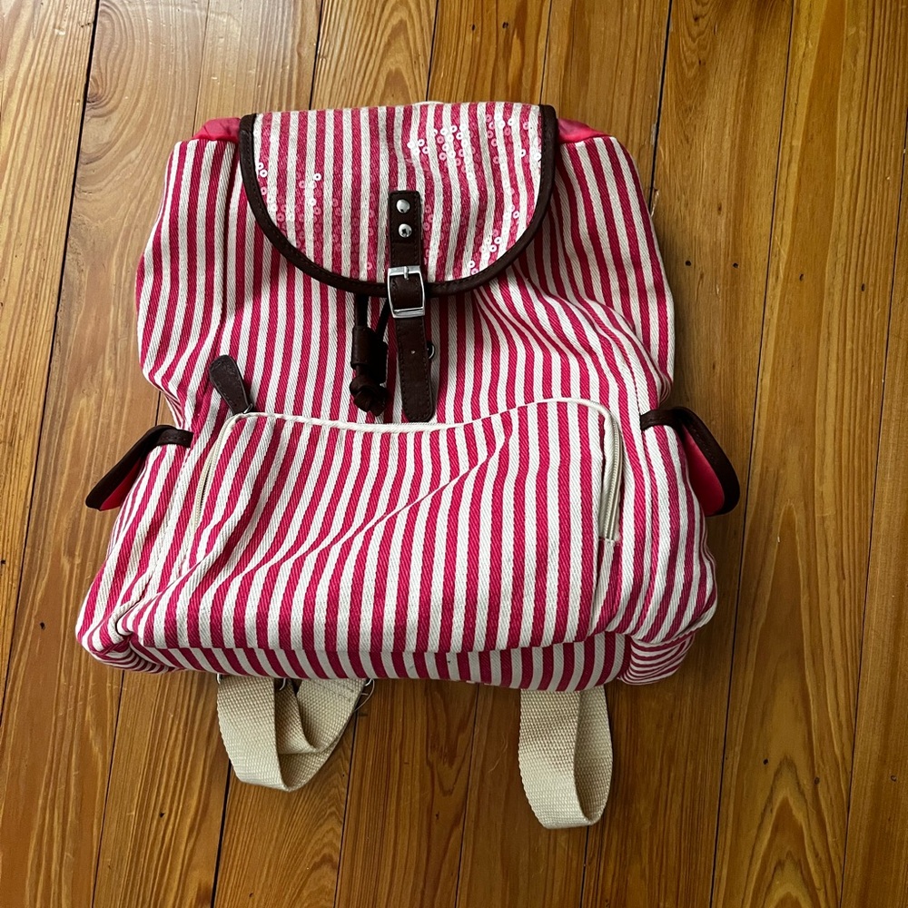 Pink and White Striped Backpack with Sequins